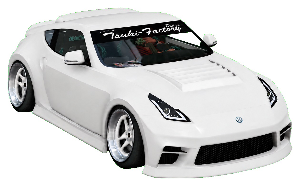 White Tsuki Factory GTA-style wide-body tuner coupe with deep-dish wheels in a magenta and blue catalogue-inspired design
