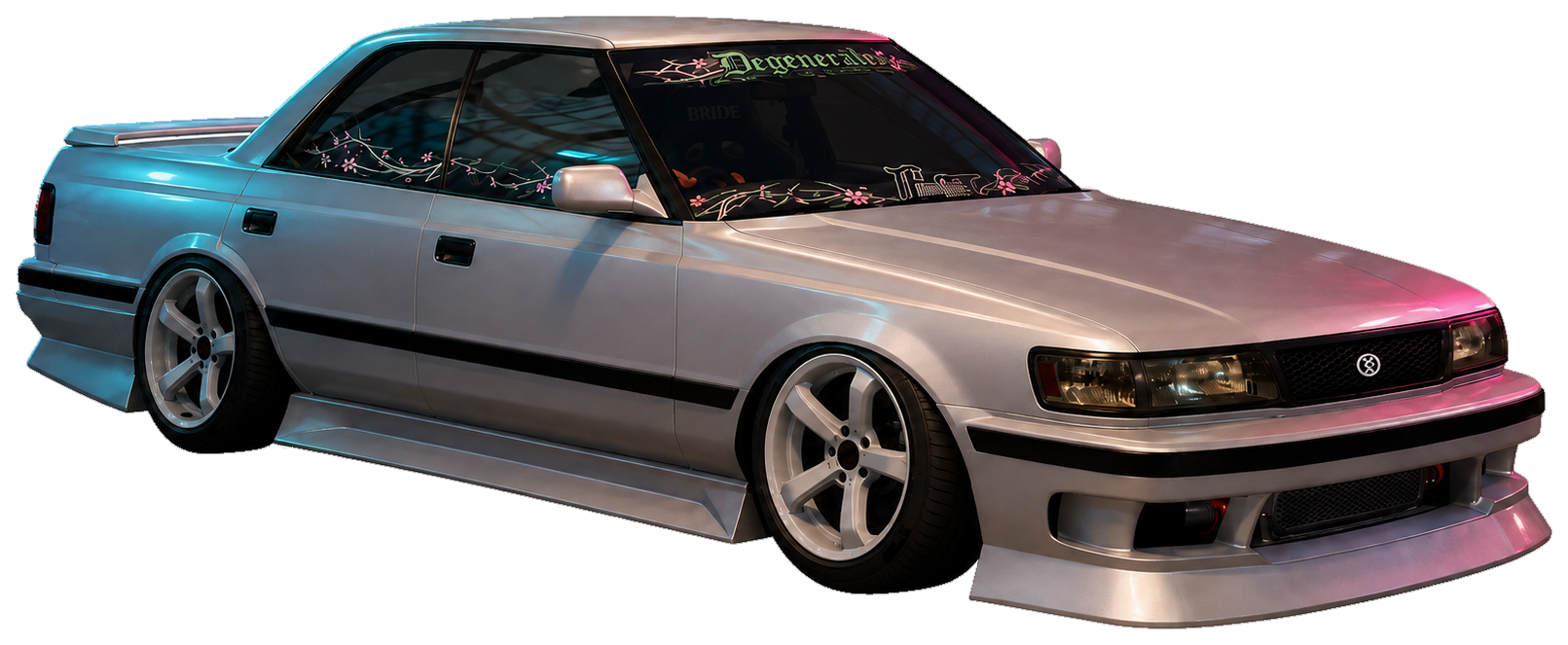 Silver Tsuki Factory test car parked in the workshop
